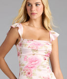 Alena Floral Satin Ruffle Sleeve Column Dress