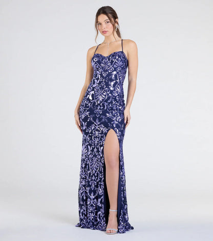 Desire Lace-Up Slit Sequin Formal Dress
