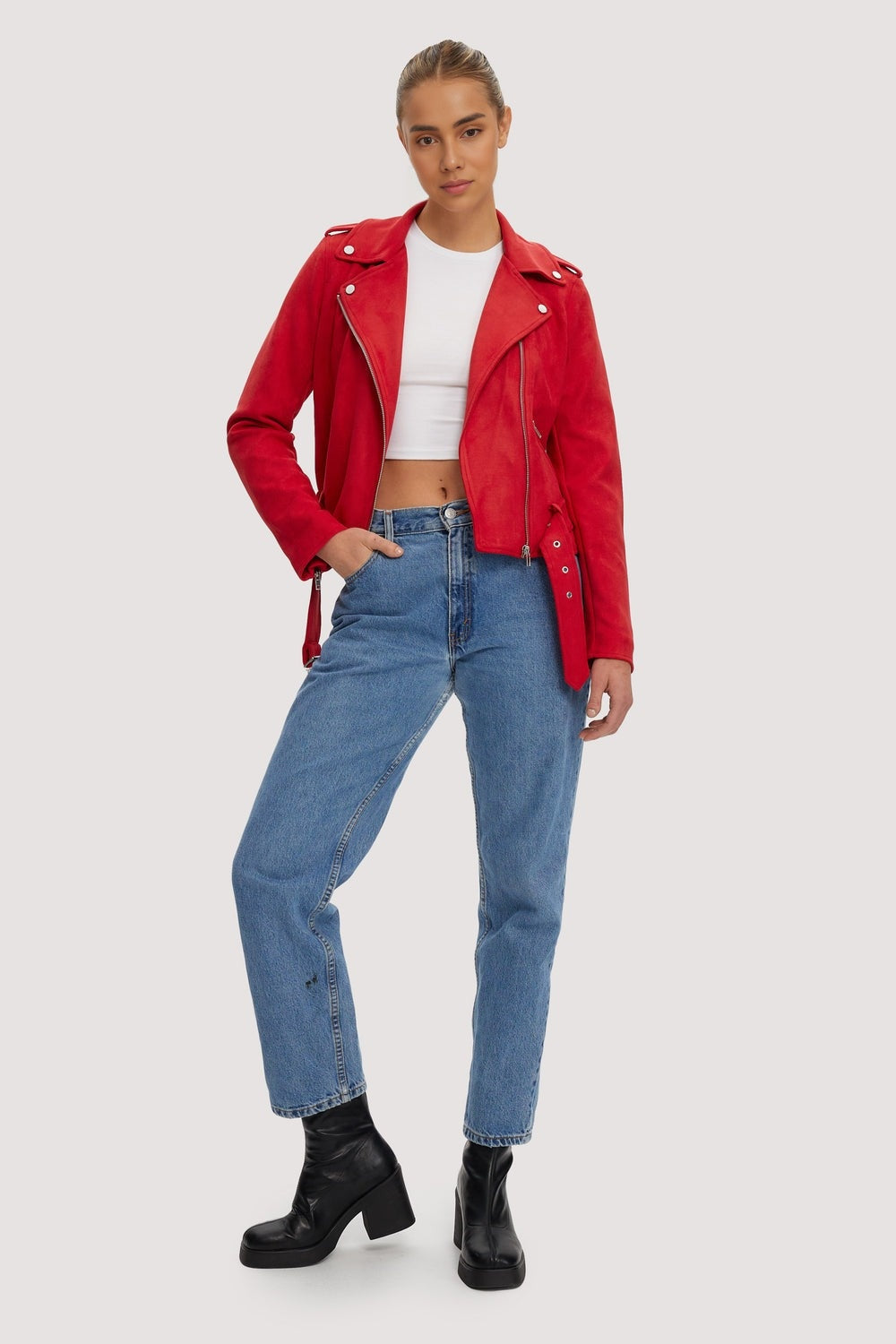 Red short length suede coat